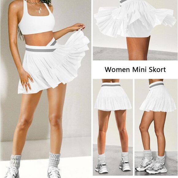 White Women's Mini Pleated Flowy Ruffle Tennis Skirt with Shorts Pockets - Picture 2 of 6